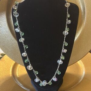 Elegant Set of Green & Clear Crystal Beads on Silver Chain; Matching Earrings